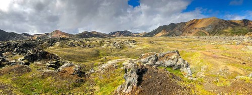 Panorama of Iceland landscape at Laugavegur hiking trail in Fjallabak Nature Reserve. Travel and
