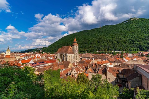 Panorana of the old city center of Brasov and Tampa Mountain, Romania, Europe