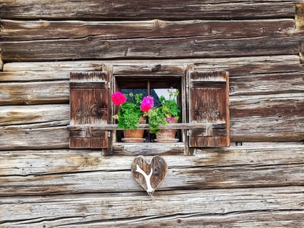 Old vintage wooden window with geranium flowers in the small alpine village Tauplitz, a famous
