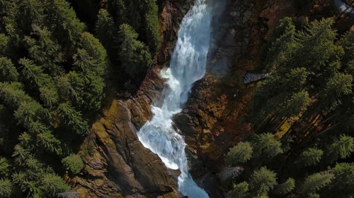 Aerial view of Krimml Waterfalls on sunny day. High Tauern National Park, Austrian Alps, Austria,