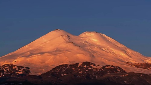 Beautiful view of Mount Elbrus at sunrise, North Caucasus mountains, Russia, Europe