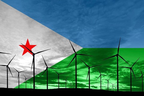 Djibouti flag wind farm at sunset, sustainable development, renewable energy Wind Turbines