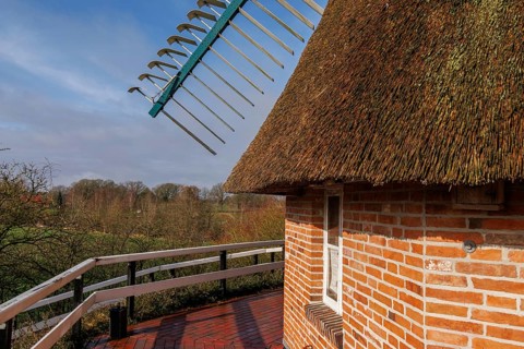 Side view of thatched roof and brick with a view of the countryside, burlage, germany
