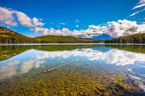 Clear water Pyramid Lake reflects the clouds and pine forests on shore. Frosty morning in the Rocky