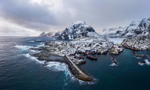 Fishing Village A, Rorbu, Sea and Mountains in Winter. Moskenes, Lofoten Islands. Landscape of