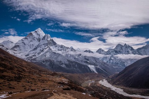 Ama Dablam Mountain and Khumbu Valley on Sunny Day. Himalaya, Nepal, Asia