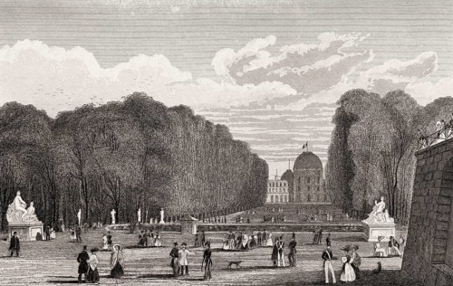 Garden of the Tuileries Palace, Paris, antique steel engraved print, 1831