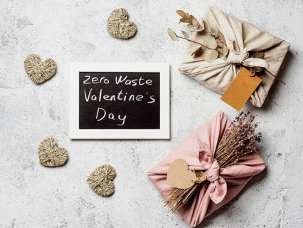 Zero waste Valentine's Day concept. Eco-friendly gift cloth wrapping in Furoshiki style and