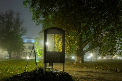 Dresden's old town shrouded in November fog. Brühl's Garden. Caspar David Friedrich monument by