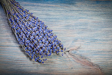 Sheaf of dry violet scented lavender on wooden board healthcare concept