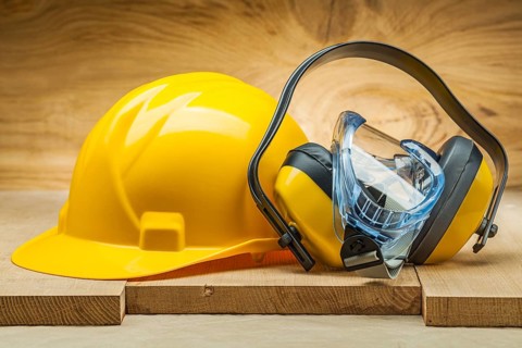 Earphones with blue goggles and yellow helmet. safety tools