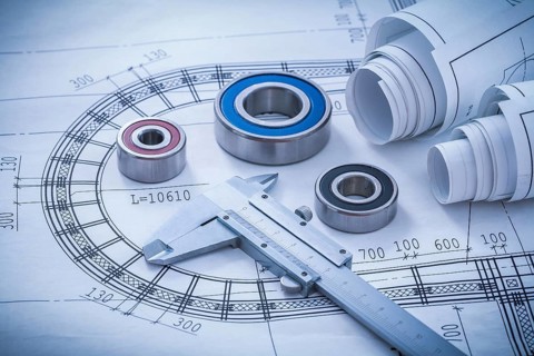 Construction plans caliper roller bearings on blueprint architecture and building concept