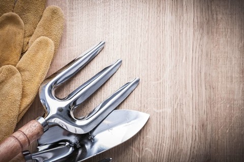 Steel trowel fork with shovel and leather safety gloves on wooden background copyspace image