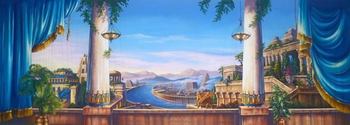 Theatre backdrop featuring a scene of ancient Babylon