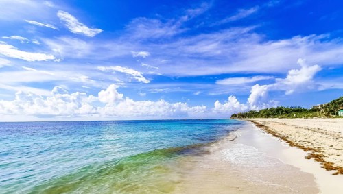 Tropical mexican beach panorama view with turquoise blue water from Playa 88 and Punta Esmeralda in