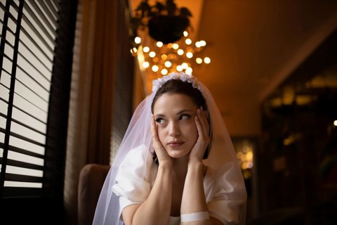 Bride appears thoughtful, gazing in a softly lit evening cafe