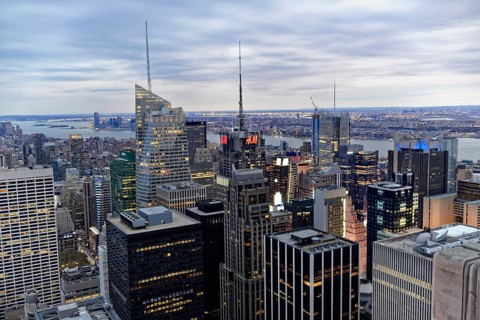 Rockefeller Center observation deck, panoramic view of the dense skyline of New York City,