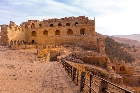 Al Karak, Jordan, November 4, 2022: Medieval Crusaders Castle in the center of the city and