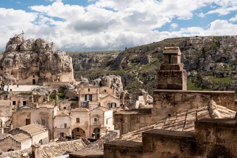 View of historic cavern basilica San Pietro in Monte Errone in historic downtown Matera, Southern
