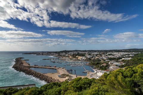 A view of the harbor and port town of Santa Marina di Leuca in southern Italy