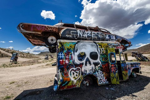 Scrap cars decorated with graffiti in the Carforest of Goldfield, Nevada, USA, North America