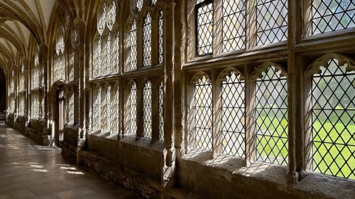 Interior view, window, Cloister, Wells Cathedral, Wells, England, Great Britain