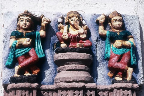 Sculpture of Lord Ganesh with wives, Sayla, Gujarat, India, Asia
