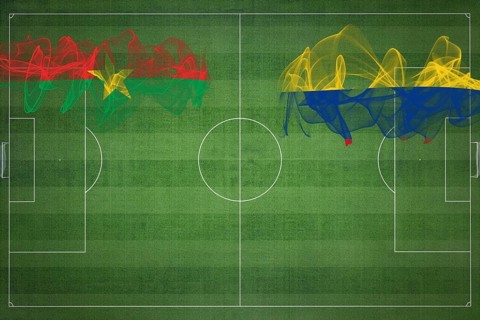 Burkina Faso vs Colombia Soccer Match, national colors, national flags, soccer field, football