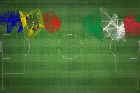 Moldova vs Italy Soccer Match, national colors, national flags, soccer field, football game,