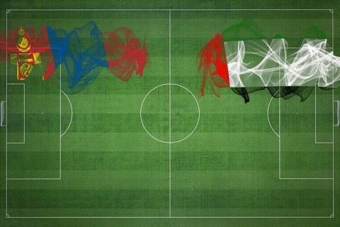 Mongolia vs United Arab Emirates Soccer Match, national colors, national flags, soccer field,