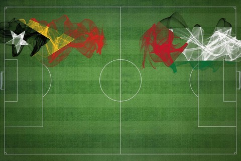 East Timor vs Palestine Soccer Match, national colors, national flags, soccer field, football game,