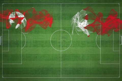 North Korea vs Bahrain Soccer Match, national colors, national flags, soccer field, football game,