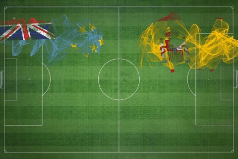 Tuvalu vs Spain Soccer Match, national colors, national flags, soccer field, football game,