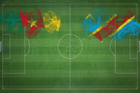 Cameroon vs DR Congo Soccer Match, national colors, national flags, soccer field, football game,