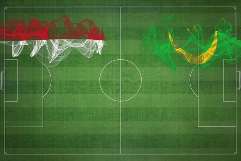 Indonesia vs Mauritania Soccer Match, national colors, national flags, soccer field, football game,