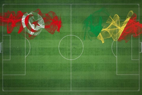 Tunisia vs Congo Soccer Match, national colors, national flags, soccer field, football game,