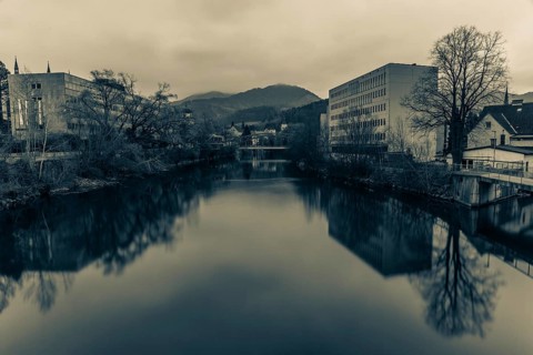 View of the river Mur and the town hall, long exposure, Leoben, Styria, Austria, Europe