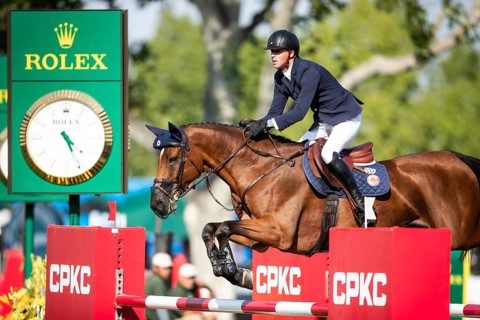 British rider Ben Maher riding Dallas Vegas Batilly competes in the second round and jumpoff of the