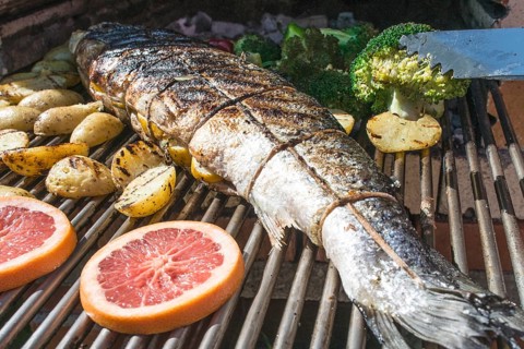 Roasting salmon fish on grill. Vegetables on grill in a garden