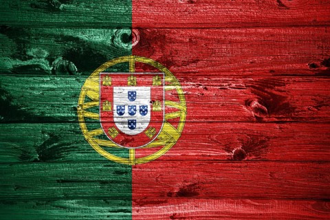 Portugal flag on wooden planks background wood flag