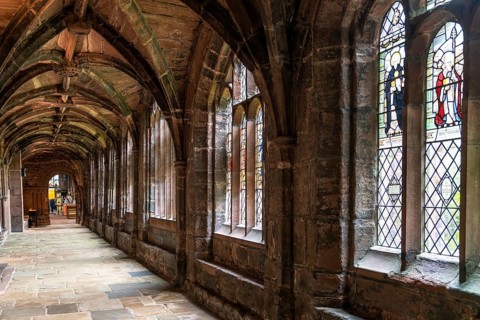 Chester, United Kingdom, 26 August, 2022: view of the cloister hallway in the courtyard of the