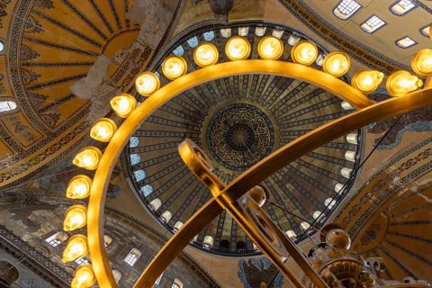 A picture of the colorful and gorgeous interior of the Hagia Sophia, in Istanbul
