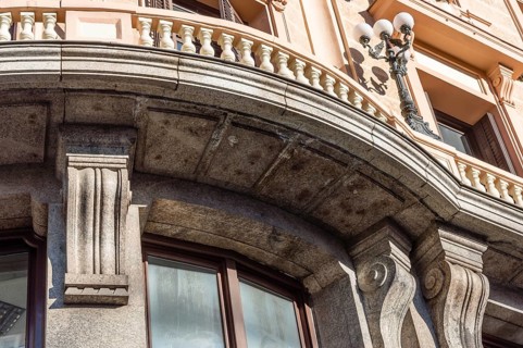 Madrid, Spain, September 18, 2016: Low angle view of buildings at Gran Via Street in Madrid. It is