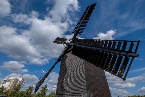Germany, Berlin, 19.09.2023, Marzahner Bockwindmühle, a trestle windmill in Berlin-Marzahn, the