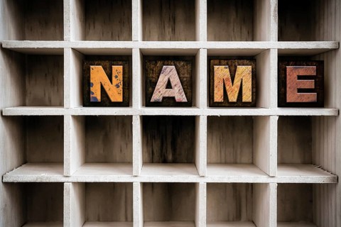 The word NAME written in vintage ink stained wooden letterpress type in a partitioned printer's