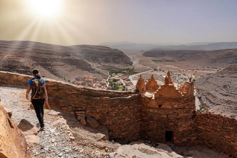Hiking through the old Id Aissa agadir, an old granary in Amtoudi, Morocco, Africa