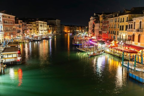 View from the Rialto Bridge over the Grand Canal, night shot, long exposure, Venice, Italy, Europe