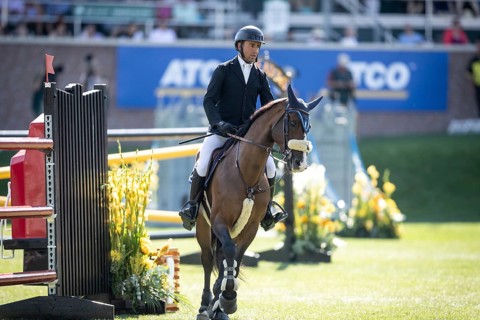 Sameh El Dahabn of Great Britain and riding WKD Toronto compete in the first round of the 1.60m