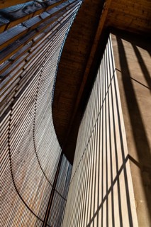 Berlin, Germany, July 28, 2019: Chapel of Reconciliation. Interior gallery covered with wooden