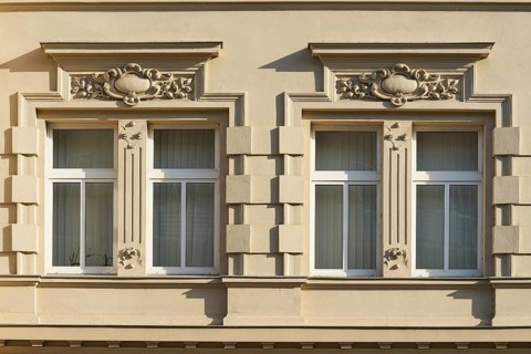 Windows of a renovated house from the Wilhelminian era in Magdeburg
